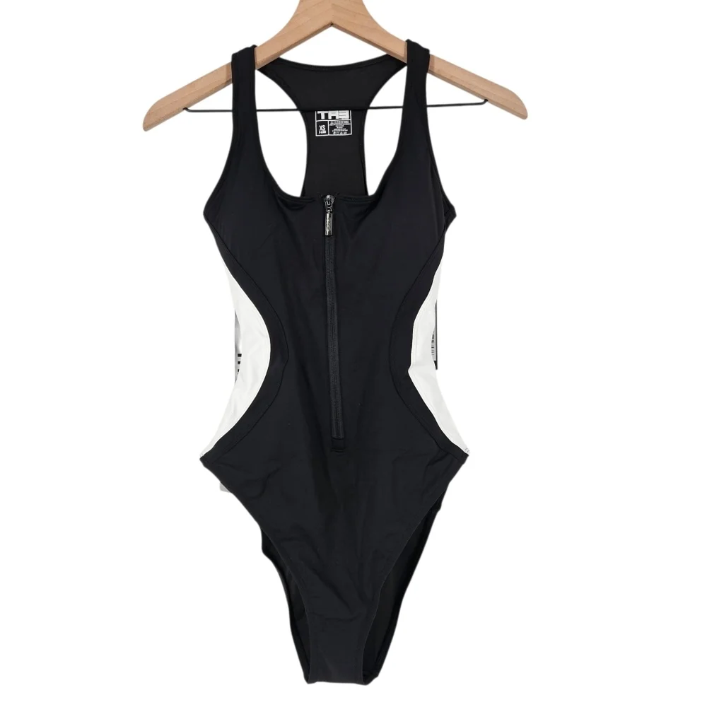 TA3 Black And White Scoopy Seamed Zip One Piece Swimsuit XS XLong NWT